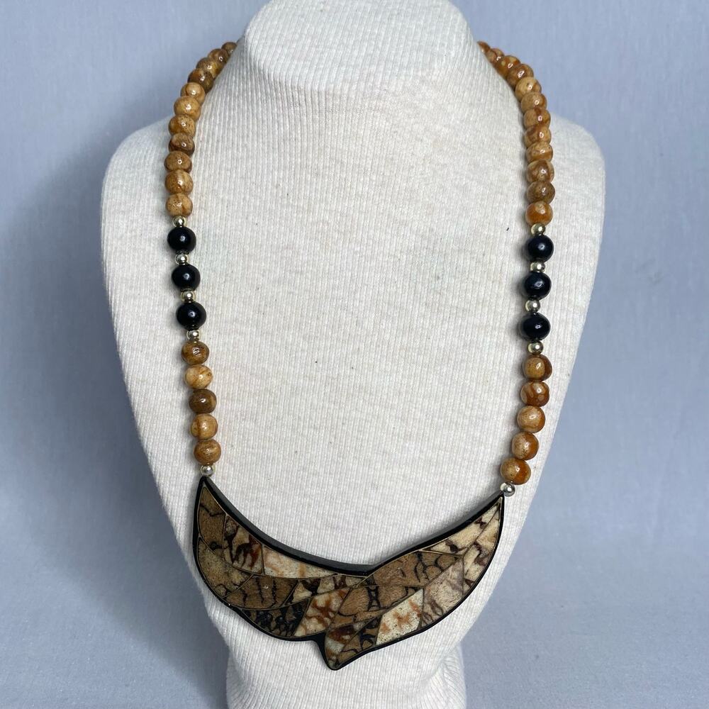 💎Chunky Artisan Matinee Necklace Cloisonne Brown Wood Pendant Black Tan Beads